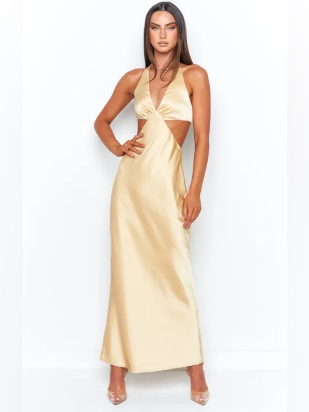 Beginning Boutique Orchid Champagne Maxi Dress | Size 10 | Gold